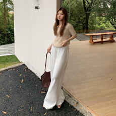 批发实拍美式复古宽松阔腿<b class='q'>裤</b><b class='q'>百搭</b>抽绳<b class='q'>棉麻</b>轻薄透气亚麻直筒休闲<b class='q'>裤</b>女