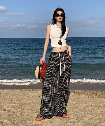 실사 여름 새로운 아메리칸 레트로 체크무늬 레이스 와이드 레깅스 바지 여름 얇은 스타일 펌프 로프 루즈핏 바닥 청소 캐주얼 바지