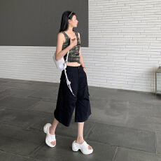 批发实拍26年夏季新款 美式水洗系带抽绳多口袋工装七分休闲裤女