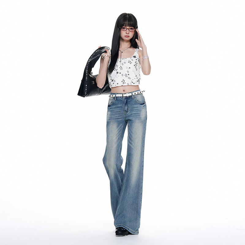 실사 레이스 바지 표준 로우 웨이스트 연삭 화이트 파란색 부츠컷 청바지 여성 여름 아메리칸 폭발 캐주얼 바지