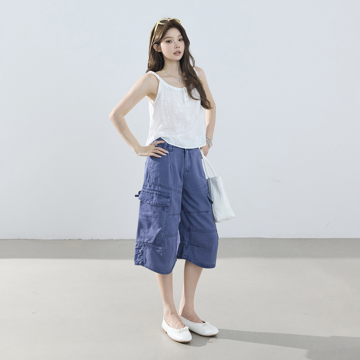실사 아메리칸 레트로 루즈핏 와이드 레그 팬츠 다용도 기타 주머니 워크웨어 7부 바지 청바지 여성 여름 새로운