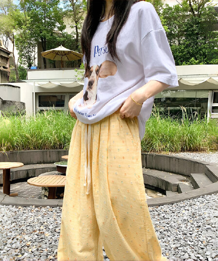 실사 아메리칸 높음 거리 도파민 도트 무늬 루즈핏 넓은 다리 캐주얼 바지 여성