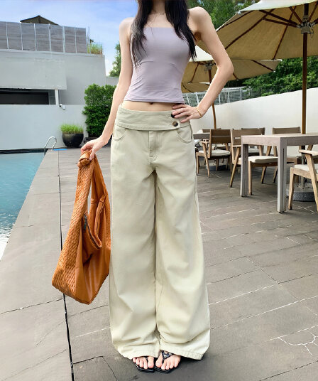 실사 아메리칸 레트로 더블 버클 허리 머리 표지 넓적 다리 캐주얼 루즈핏 넓은 다리 청바지 여성
