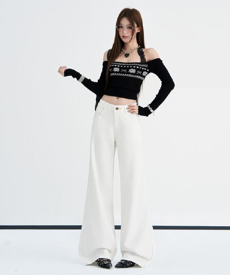 실사 달콤한 차가운 바람 화이트 부츠컷 청바지 여성 이른 가을 새로운 개성 등 허리 금속 단추 자수 바닥 청소 바지