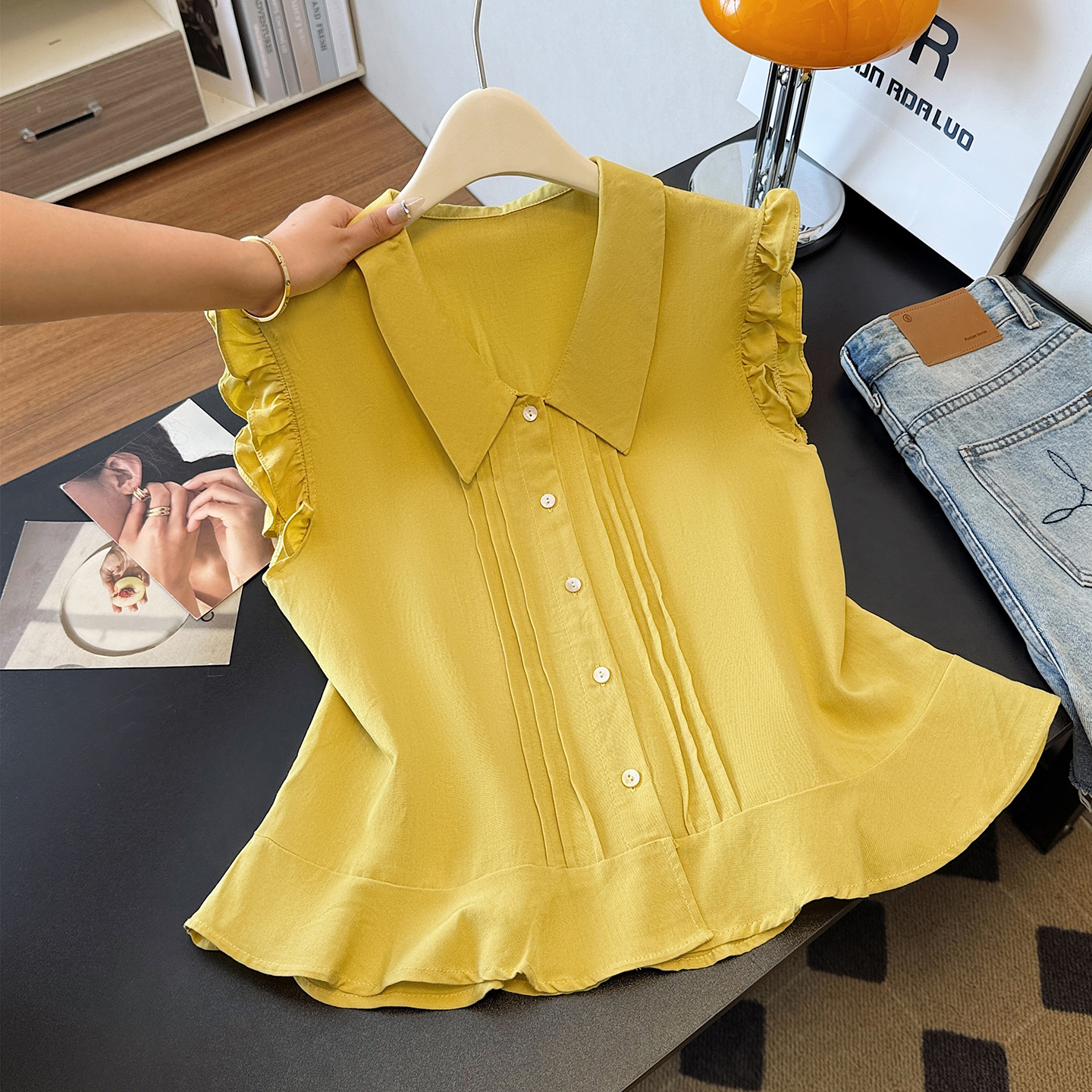 MY12005# 法式麻料无袖衬衫女夏新款韩版百搭减龄上衣休闲背心小衫女裝貨源服裝批發