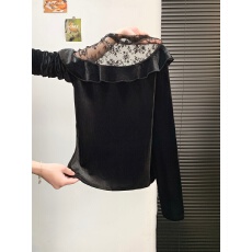 批发<b class='q'>实拍</b>法式丝绒<b class='q'>衬衫</b>女上衣2025早秋款时尚显瘦荷叶边网纱拼接小衫