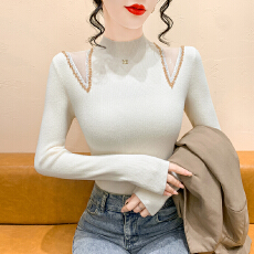 批发实拍秋冬季新款半高领毛衣<b class='q'>打底衫</b>女洋气内搭钉珠拼接<b class='q'>网纱</b>针织上衣