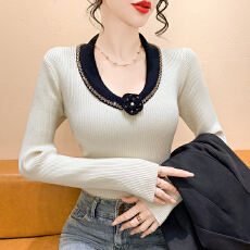 实拍坑条重工订珠针织衫高级感撞色衫毛衣女新款时尚洋气百搭女