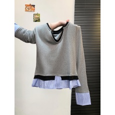 批发<b class='q'>实拍</b>韩版2025冬季气质叠穿拼接<b class='q'>衬衫</b>假三件V领打底针织衫女