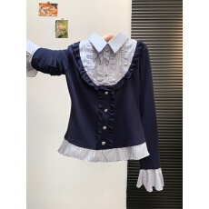 批发实拍法式假两件女秋冬巨好看的娃娃领上衣打底衫内搭条纹<b class='q'>衬衫</b>