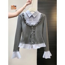 批发实拍法式假两件女秋冬巨好看的娃娃领上衣打底衫内搭条纹<b class='q'>衬衫</b>