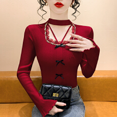 实拍法式时尚新款钉珠蕾丝花边蝴蝶结拼接纯欲风长袖内搭针织上衣