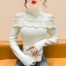 批发实拍 钉钻新款露肩荷叶边针织衫女半高领修身显瘦毛衣打底衫