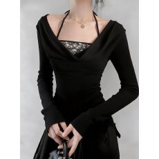 批发已出货春秋性感挂脖露锁骨<b class='q'>亮片</b>假两件打底衫女士显瘦上衣设计感