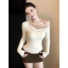 批发实拍纯欲风露肩拼接<b class='q'>亮片</b>长袖<b class='q'>T</b><b class='q'>恤</b>女秋冬2025新款性感修身短款上衣