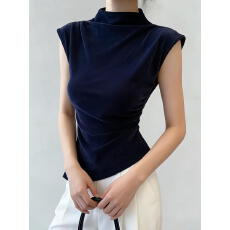 批发实拍～辣妹风无袖t恤女<b class='q'>秋</b>季韩版修身显瘦不规则褶皱金丝绒上衣