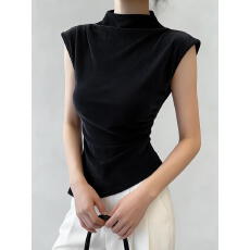 批发实拍～辣妹风无袖t恤女<b class='q'>秋</b>季韩版修身显瘦不规则褶皱金丝绒上衣