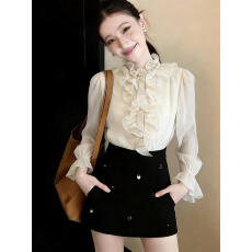 实拍春季式浪漫风荷叶边立领钉珠拼接气质衬衫新款女轻奢风小衫