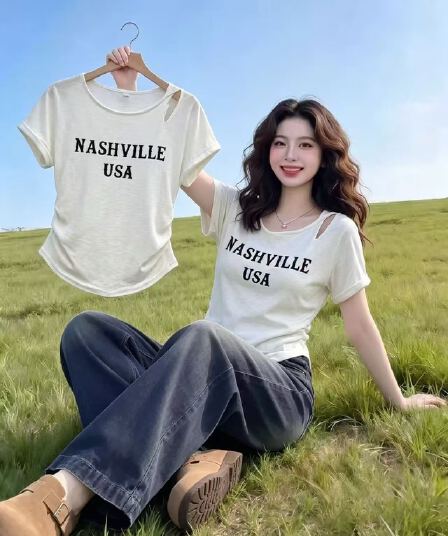 실사 2026 한 부서 작은 심장 기계 비틀림 홀로우 아웃 라운드 넥 알파벳 프린트 다용도 반팔 티셔츠 맨위 여성