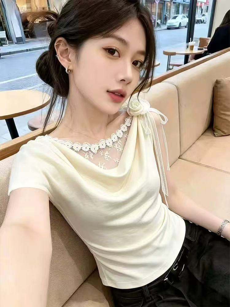 실사 여름 달콤한 핫걸 레이스 조각 페이크 레이어드 흔들다 칼라 반팔 티셔츠 여성 꼬집기 허리 슬림해 보이는 아름다운 맨위