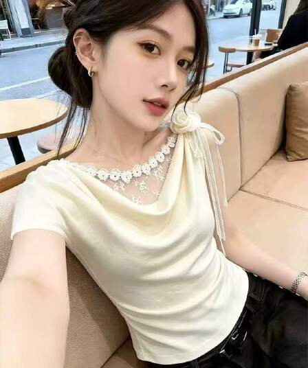 실사 여름 달콤한 핫걸 레이스 조각 페이크 레이어드 흔들다 칼라 반팔 티셔츠 여성 꼬집기 허리 슬림해 보이는 아름다운 맨위