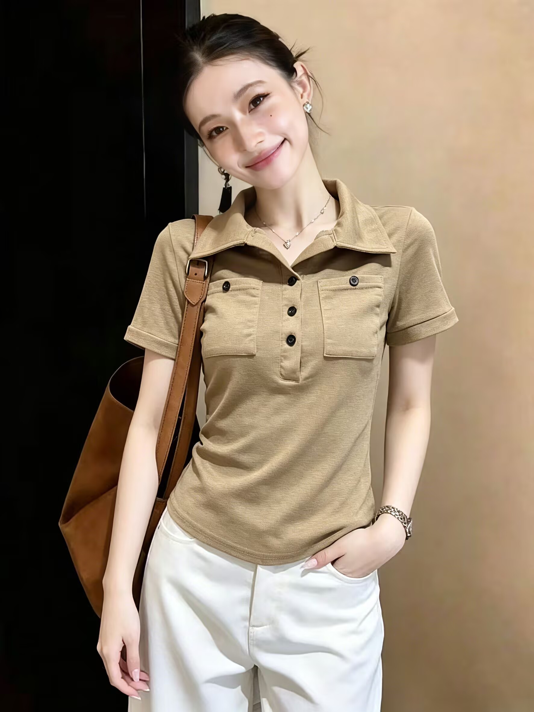 실사 여름 아메리칸 레트로 POLO 칼라 몸매 가꾸기 슬림해 보이는 반팔 티셔츠 여성 고유 한 절대적으로 핫걸 디자인 센스 맨위