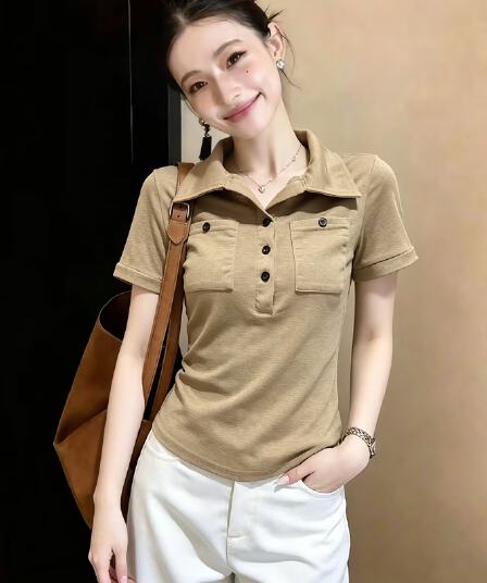 실사 여름 아메리칸 레트로 POLO 칼라 몸매 가꾸기 슬림해 보이는 반팔 티셔츠 여성 고유 한 절대적으로 핫걸 디자인 센스 맨위
