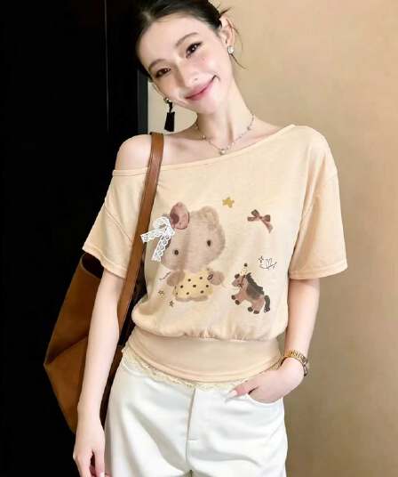 실사 느슨함 빛 달콤한 부서 강력한 추진력 여름 캐주얼 재미있는 프린트 오프숄더 반팔 작은 셔츠