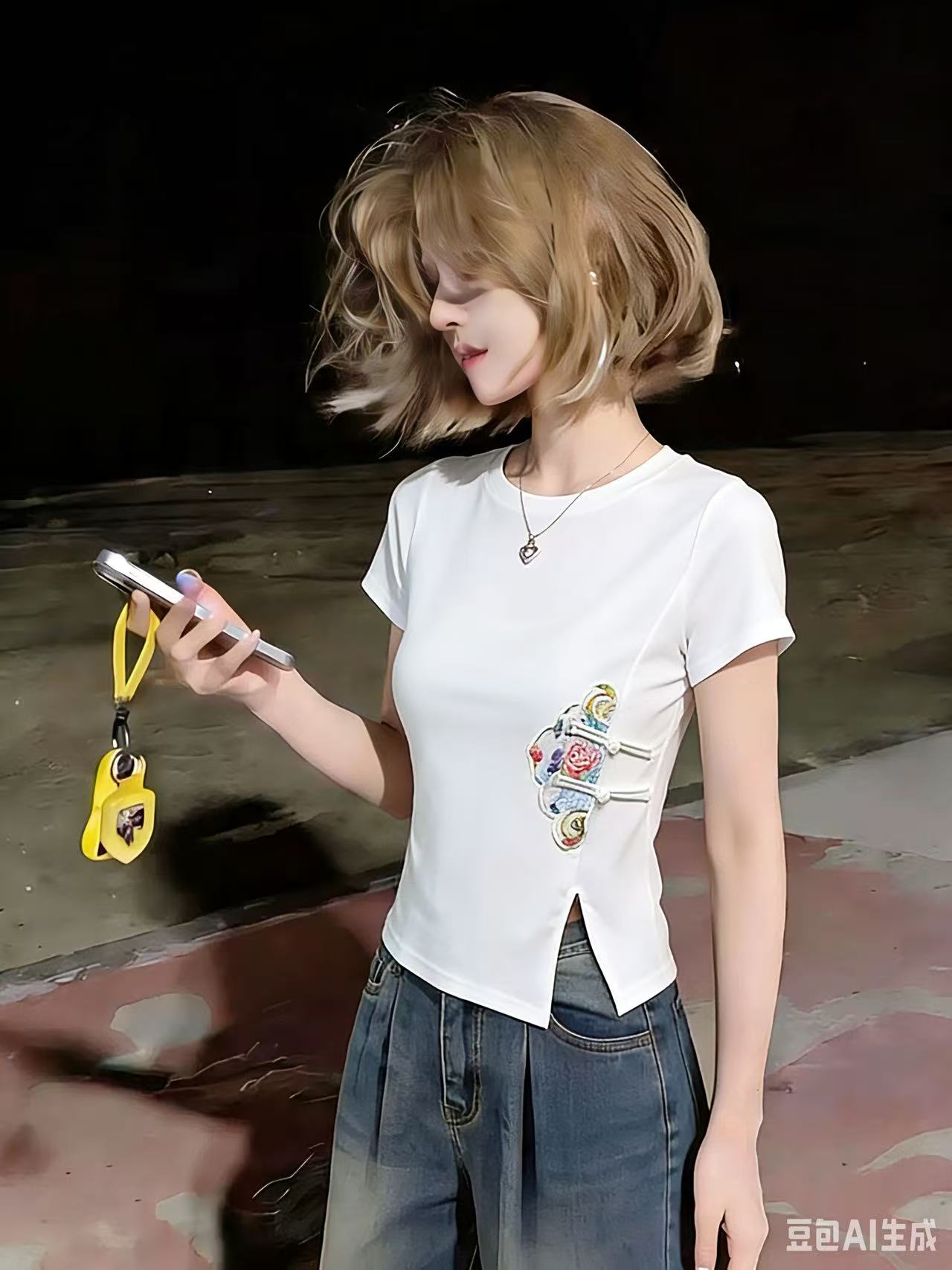 실사 2026 여성 의류 새로운 무거운 작업 손 솔기 단추 절묘한 장식품 디자인 아름다운 반팔 라운드 넥 맨위