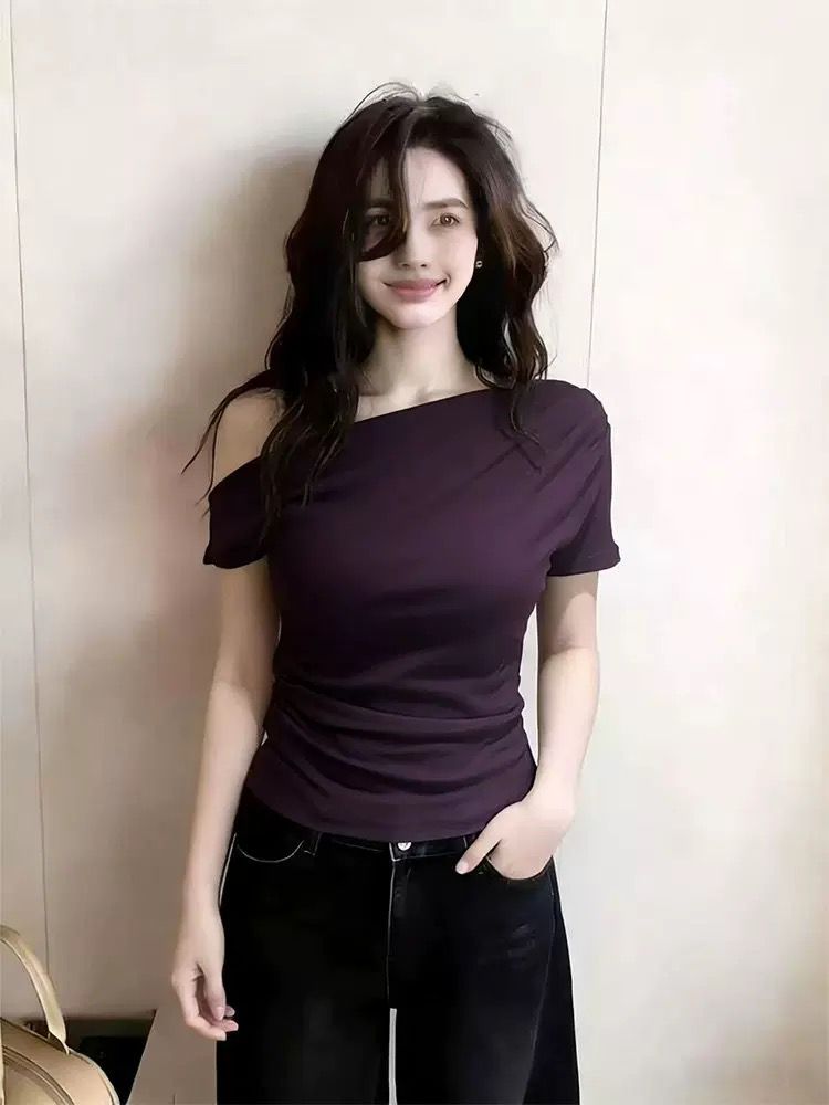 실사 여름 품격 빛 요리 한 핫걸 비스듬한 어깨 몸매 가꾸기 슬림해 보이는 반팔 티셔츠 여성 고급 디자인 센스 섹시함 맨위