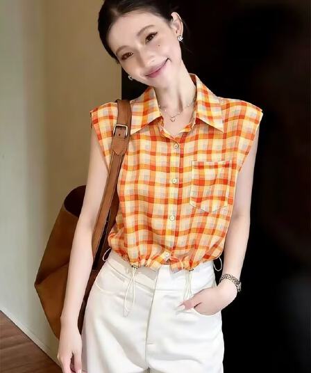 실사 여름 순수한 욕망 핫걸 펌프 Pleat 쇼트 스타일 맨위 디자인 센스 배색 체크무늬 POLO 칼라 민소매 여성 셔츠