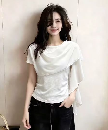 실사 여름 프랑스식 품격 고유 한 Chic 아름다운 반팔 티셔츠 여성 디자인 센스 작은 대중 다용도 슬림해 보이는 맨위