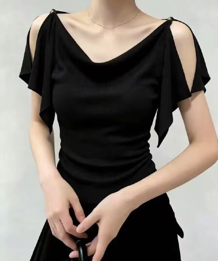 실사 여름 핫걸 바람 디자인 센스 흔들다 칼라 섹시함 오프숄더 쇄골 반팔 티셔츠 여성 꼬집기 허리 슬림해 보이는 맨위