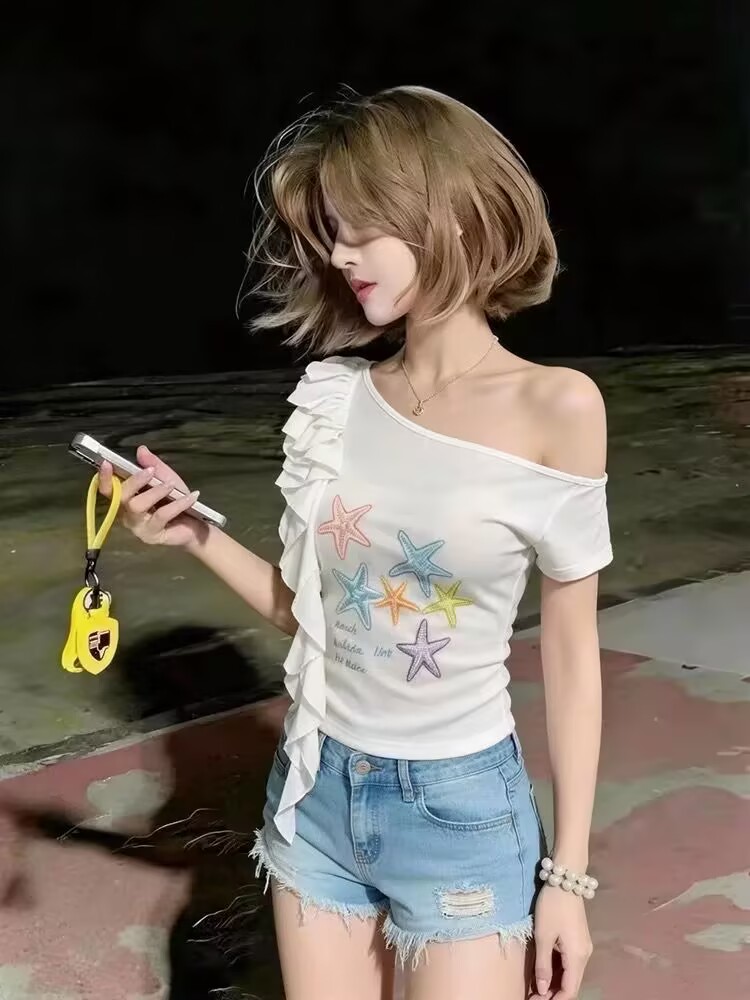 실사 남쪽 기름 고급 여성 의류 달콤한 핫걸 불규칙 프릴 비스듬한 칼라 반팔 티셔츠 여성 여름 꼬집기 허리 위로 의류