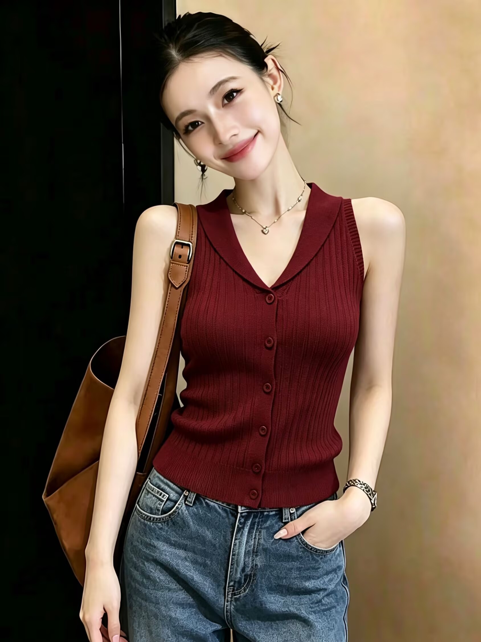 실사 한 부서 V넥 캐미솔 여름 외출용 표지 대리인 우유 핫걸 몸매 가꾸기 쇼트 스타일 민소매 니트 맨위