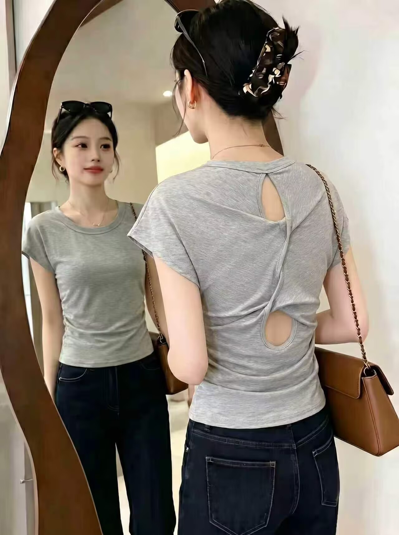 실사 여름 아메리칸 레트로 홀로우 아웃 몸매 가꾸기 슬림해 보이는 반팔 티셔츠 여성 고유 한 Chic 다용도 맨위 디자인 센스