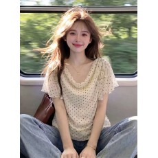批发实拍夏季性感甜辣妹正肩荡领撞色波点<b class='q'>短袖</b>t恤女系带掐腰显瘦上衣