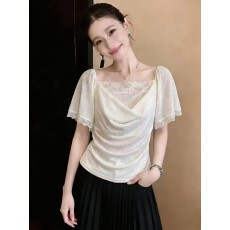 批发实拍辣妹蕾丝拼接假两件荡领<b class='q'>短袖</b>t恤女设计感夏季巨好看掐腰上衣