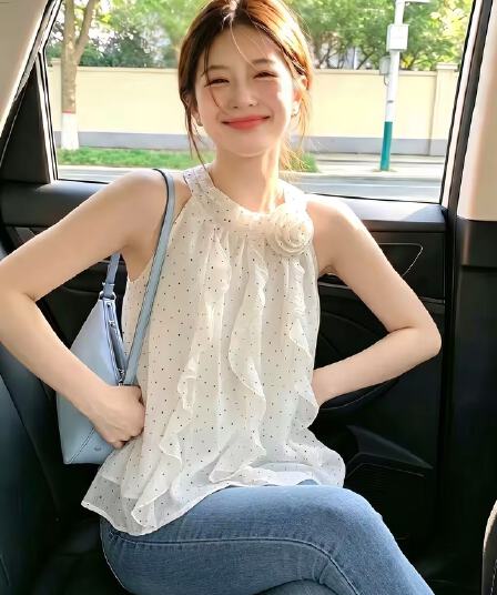 실사 디자인 센스 슈퍼 요정 프릴 광택 실 쉬폰 여성 셔츠 여름 얇은 스타일 3 차원 하트 도트 무늬 행침 목 맨위