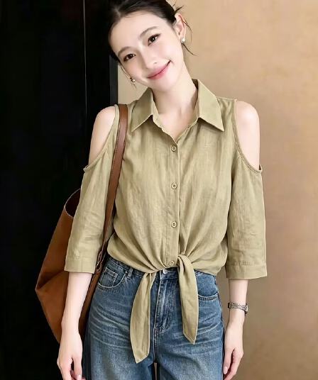 실사 2026 여름 드레스 새로운 작은 대중 Chic 스트랩 허리 수축 오프숄더 여성 셔츠 루즈핏 민소매 작은 셔츠 맨위