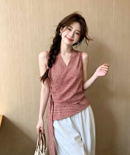 실사 여름 프랑스식 레트로 V넥 허리 수축 슬림해 보이는 고유 한 Chic 아름다운 달콤한 핫걸 캐미솔 여성 셔츠
