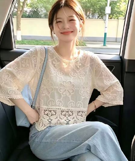 실사 무거운 작업 자수 홀로우 아웃 자수 작은 셔츠 여성 여름 새로운 다용도 루즈핏 세련된 잘 생긴 중간 소매 맨위