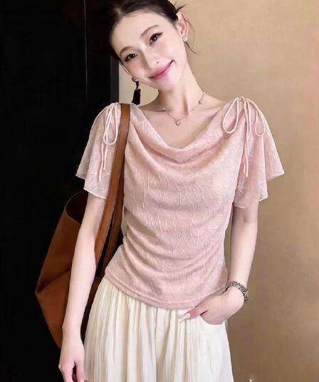 실사 여름 섹시함 달콤한 핫걸 긍정적 인 어깨 흔들다 칼라 배색 도트 무늬 반팔 티셔츠 여성 레이스업 꼬집기 허리 슬림해 보이는 맨위