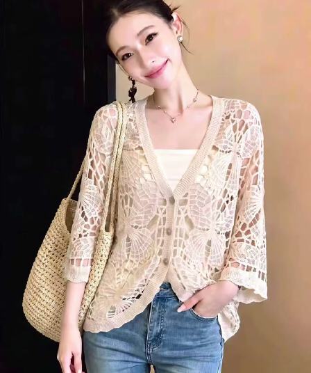 실사 프랑스식 절묘한 무거운 작업 홀로우 아웃 V넥 니트 블라우스 여름 빅 사이즈 루즈핏 슬림해 보이는 표지 고기 다용도 작은 셔츠
