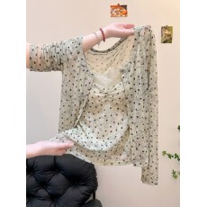 批发实拍纯欲风爱心波点网纱<b class='q'>两件套</b>上衣女辣妹镂空短款长袖打底衫