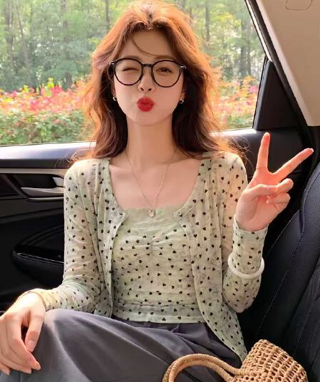 실사 순수한 욕망 바람 하트 도트 무늬 망사 투피스 세트 맨위 여성 핫걸 홀로우 아웃 쇼트 스타일 긴팔 기본 셔츠