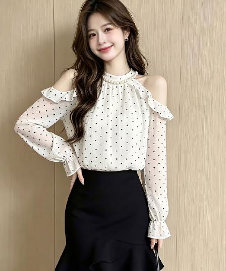 실사 2026 봄 가을 새로운 프랑스식 Chic 순수한 욕망 오프숄더 슬림해 보이는 셔츠 달콤함 긴팔 맨위