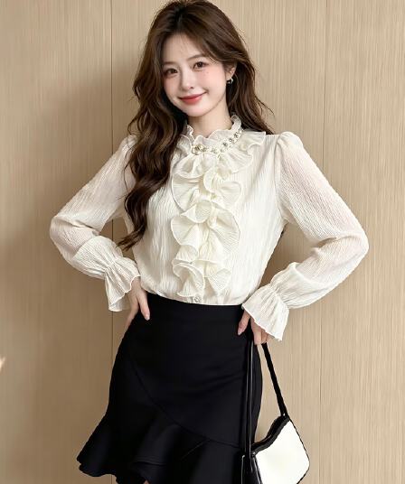 실사 가을 스타일 낭만주의 바람 프릴 스탠드 칼라 비즈 박기 패치워크 품격 셔츠 새로운 여성 빛 럭셔리 바람 작은 셔츠