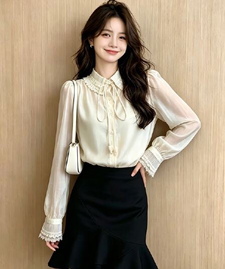 실사 프랑스식 품격 빛 럭셔리 스탠드 칼라 버블 긴팔 여성 셔츠 디자인 센스 가을 겨울 고유 한 아름다운 맨위