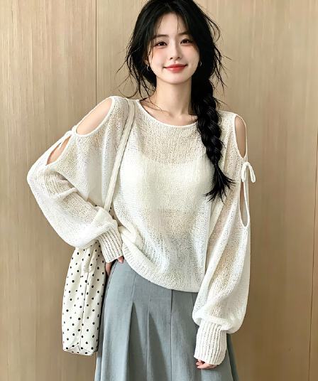 실사 이른 가을 섹시함 레이스업 오프숄더 루즈핏 얇은 스타일 긴팔 니트 스웨터 맨위 여성